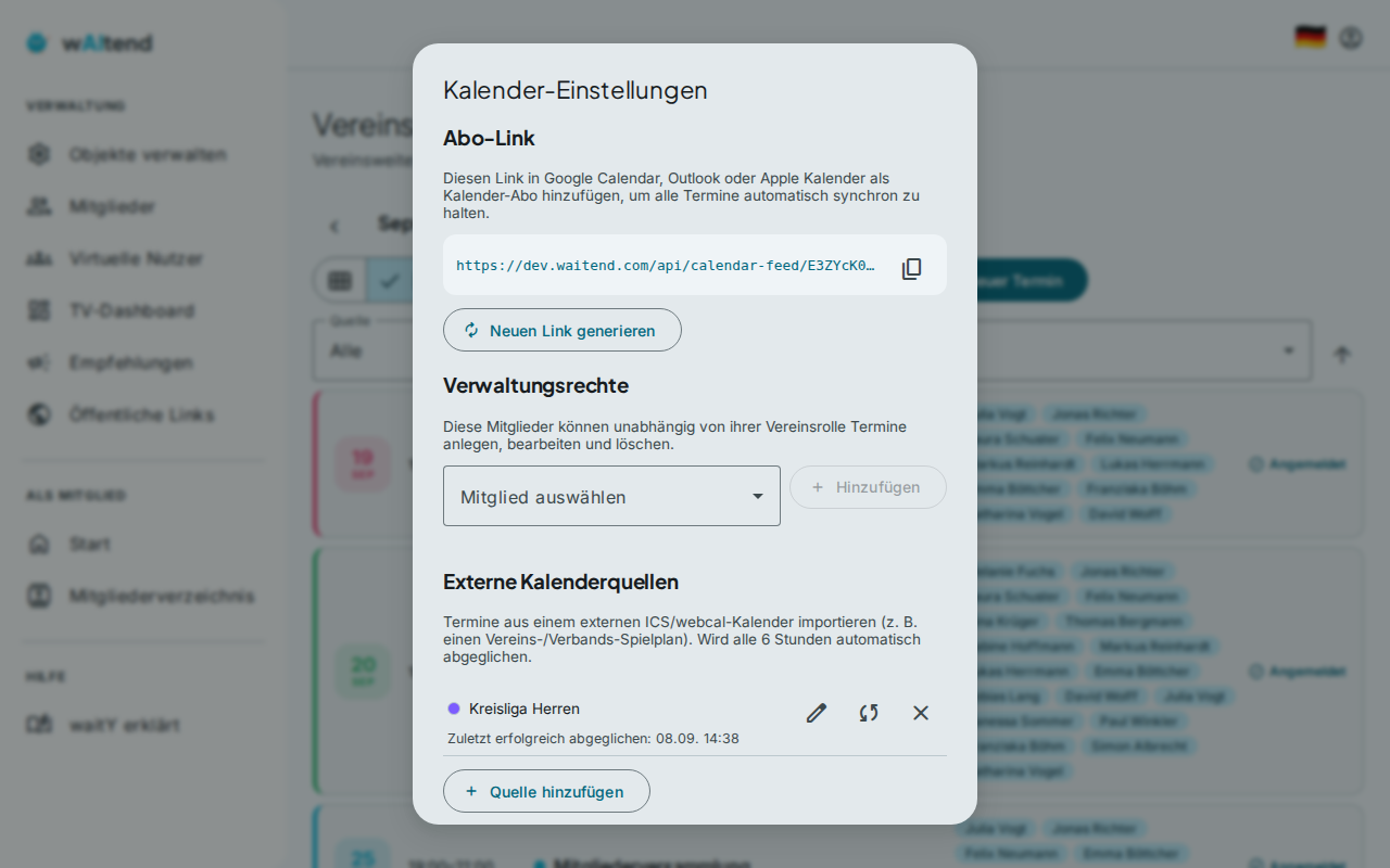 Einstellungsseite für den ICS-Kalenderimport externer Spielpläne in waitend