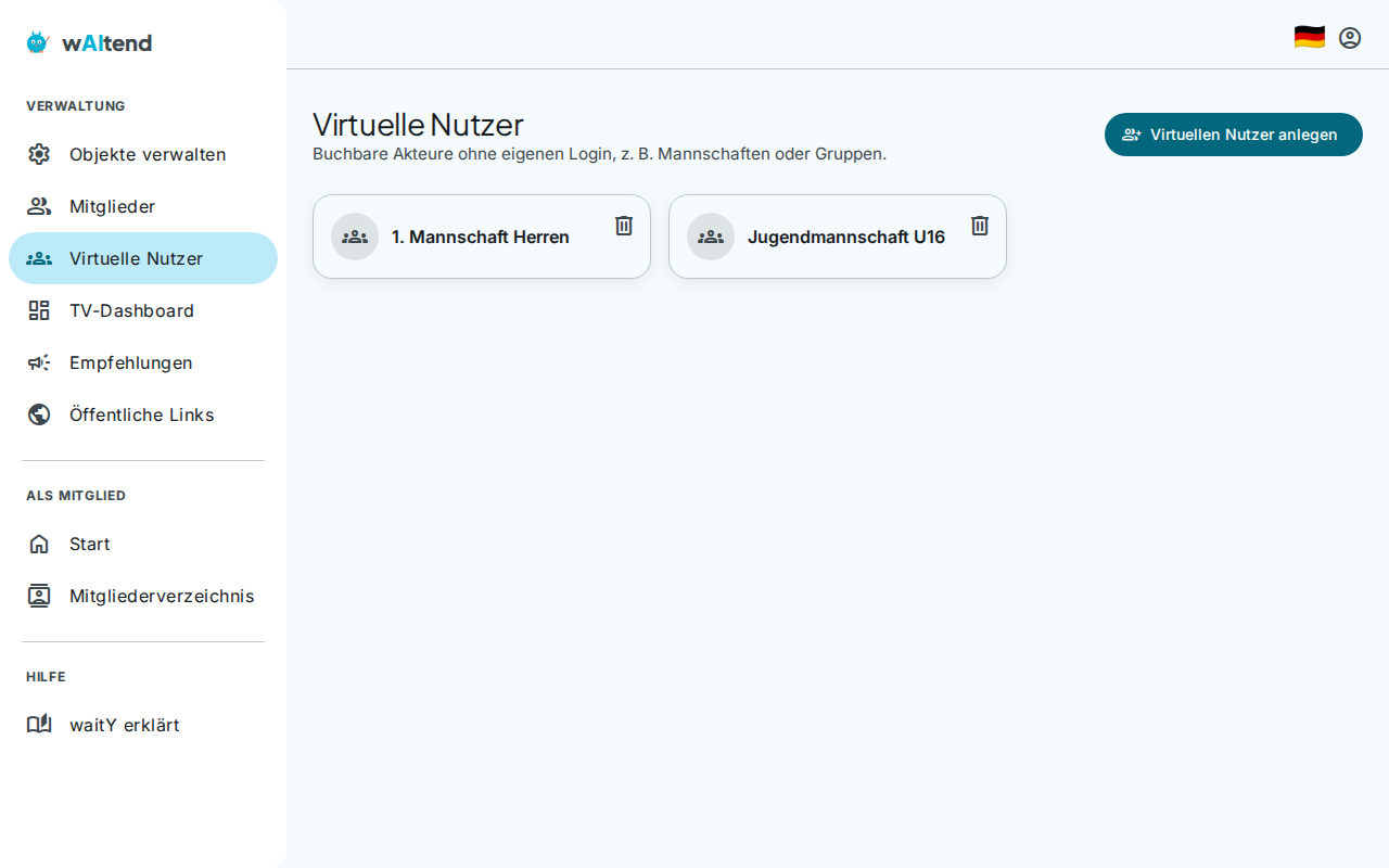 Verwaltung virtueller Nutzer für Mannschaftsbuchungen ohne eigenen Login in waitend