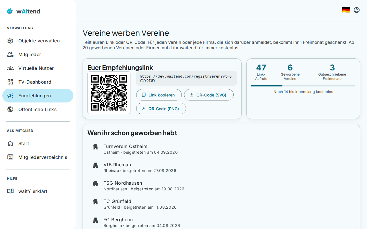 Empfehlungsprogramm-Übersicht mit QR-Code und Fortschritt zur dauerhaft kostenlosen Nutzung